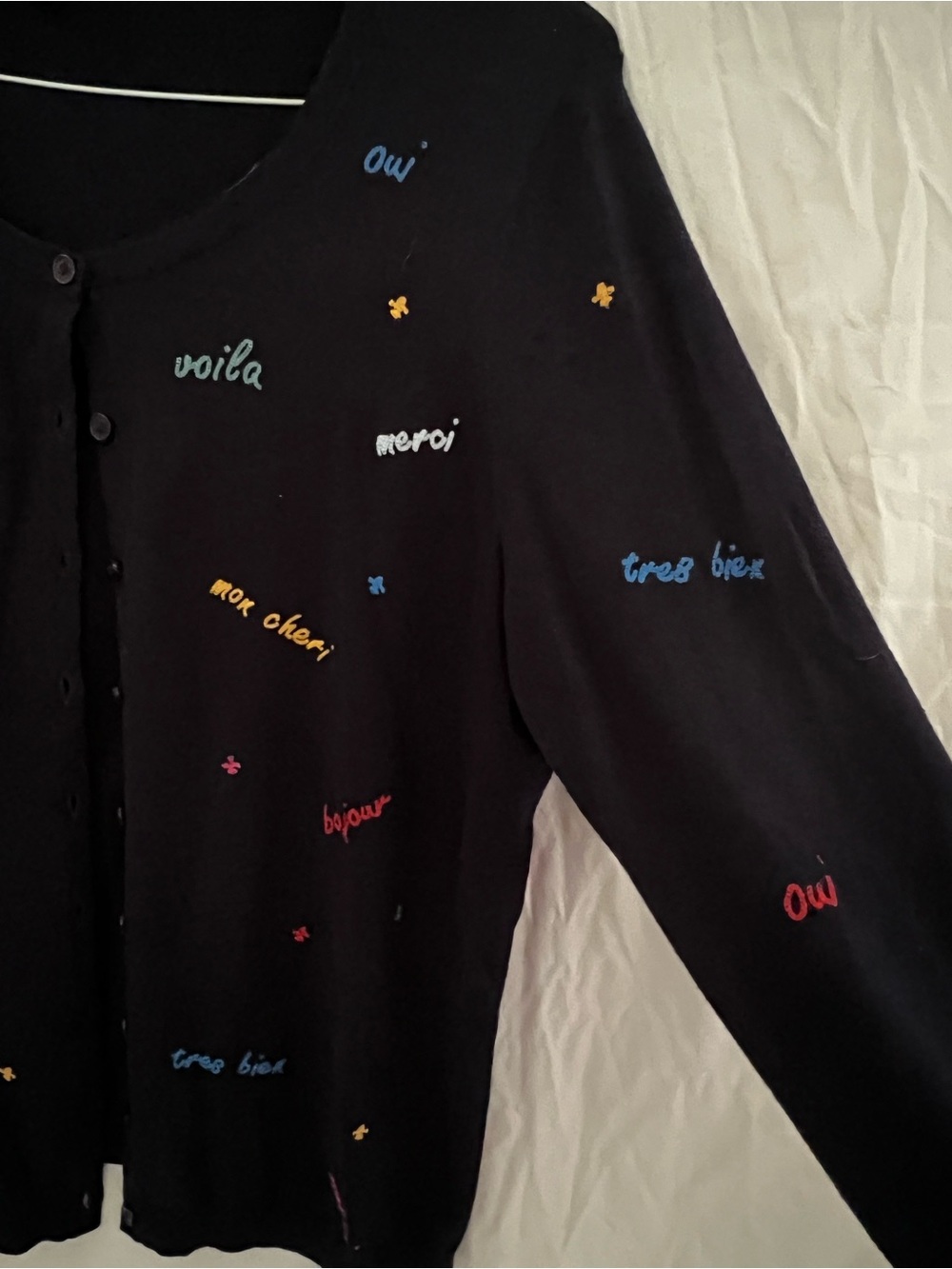 Talbots Dark Blue Cardigan Sweater with Multicolor Embroidered Words